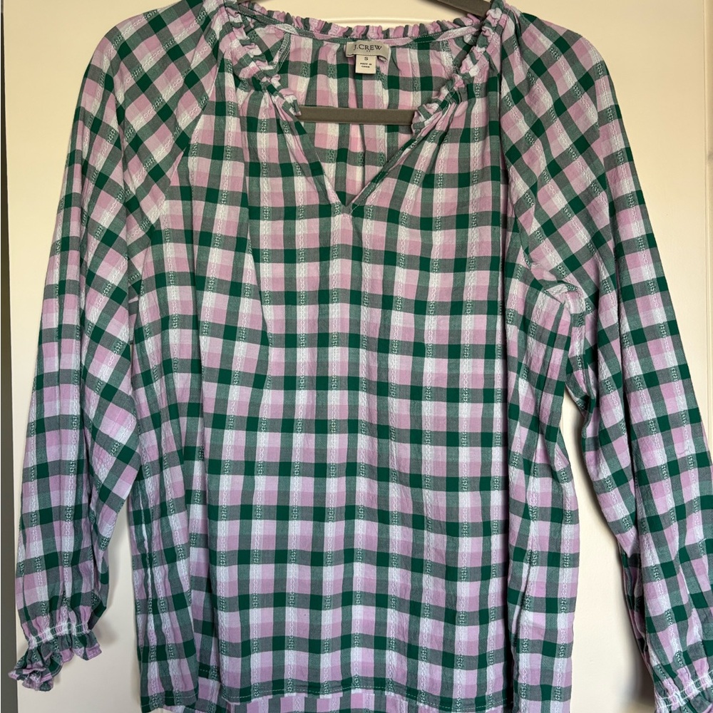 J. Crew Pink and Green Check Peasant Blouse